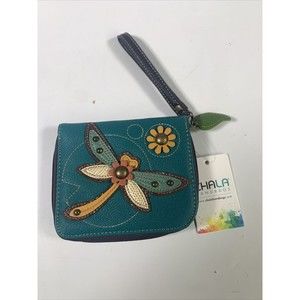 Chala Handbags Faux Leather Dragonfly Teal Zip Around Wristlet Wallet New w Tags